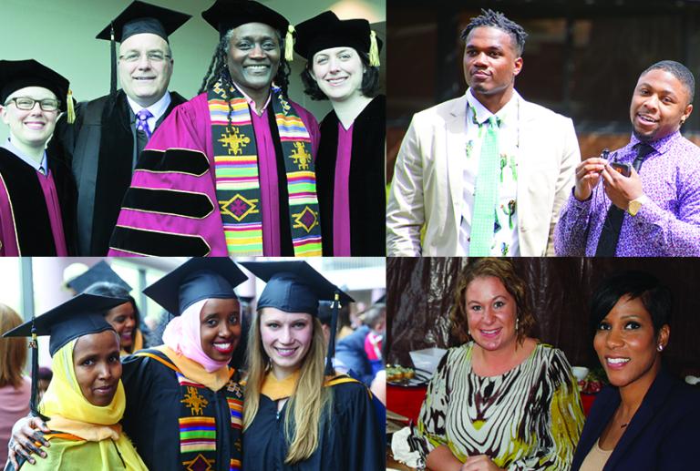 Clockwise from top left: PhD grads 2011; Youth Studies grads 2017; YDL grads 2015; MSW grads 2014