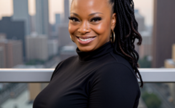 Joan Blakey, PhD, smiles in a professional portrait with a city skyline in the background. She is wearing a ponytail and a black turtleneck.