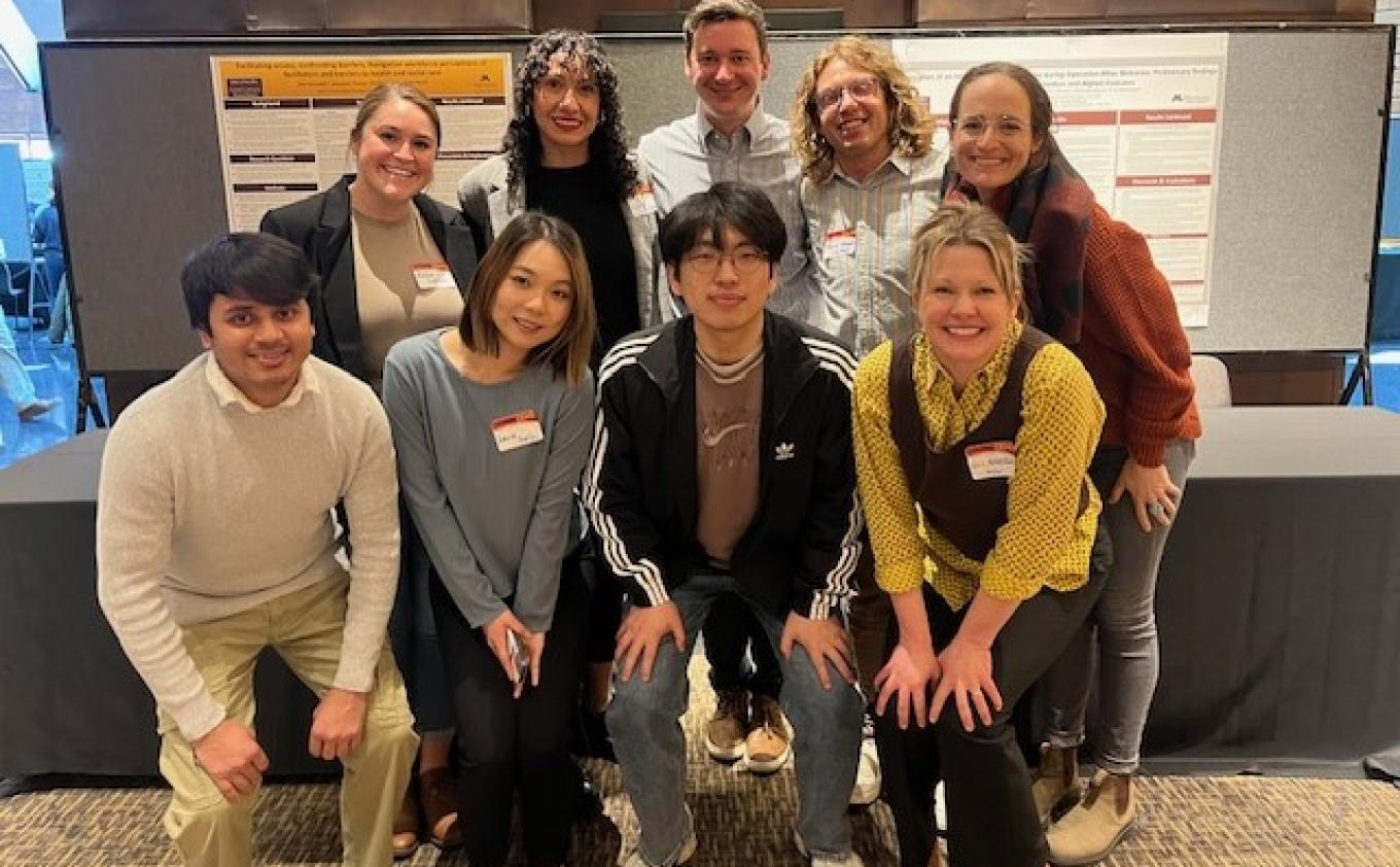 SSW PhD Student Presenters (Top, L to R): Melissa Latchman, Kayla Richards, Will Carlson, Quinn Oteman, Betsey Horgos; (Bottom, L to R) Kazi Abusaleh, Siyu Gao, Wonjoon Hwang, Elin Amundson.